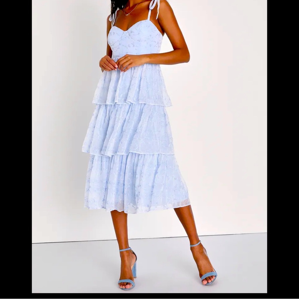 Vineyard Visit Blue Embroidered Tie-Strap Tiered Midi Dress
